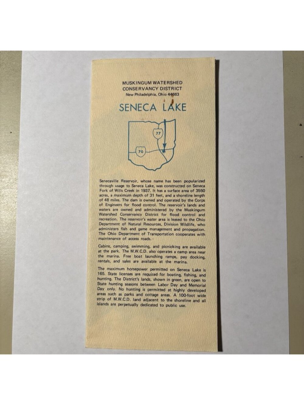 Senaca Lake Ohio Park Map Regional Local Road Map Vintage Souvenir Collectible